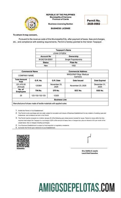 Licença comercial das Filipinas para impressão, modelo Word e PDF